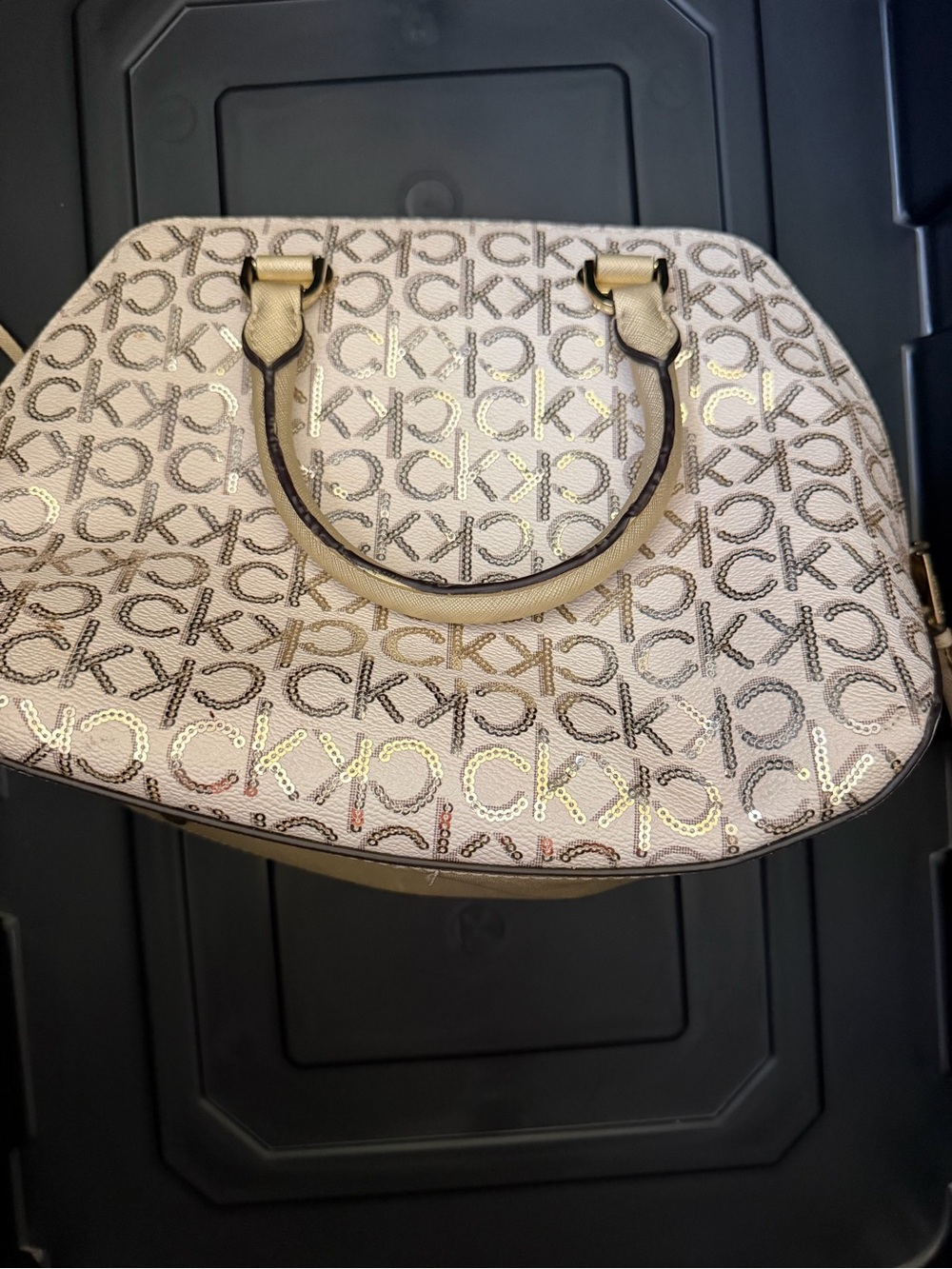 Calvin Klein Beige Logo-Print Satchel with Gold Accents